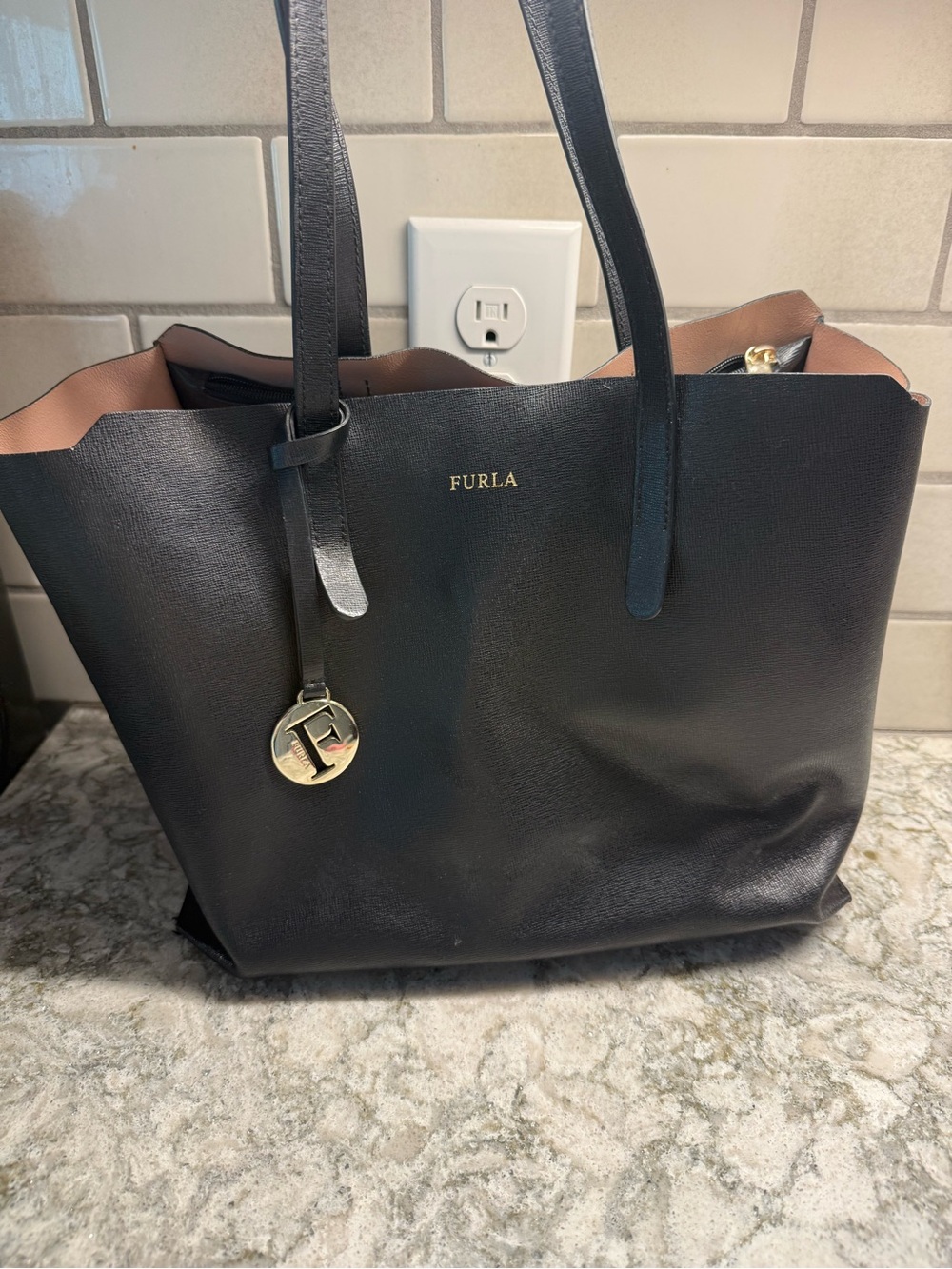 Furla Sally Saffiano Leather Tote Bag Black Women's